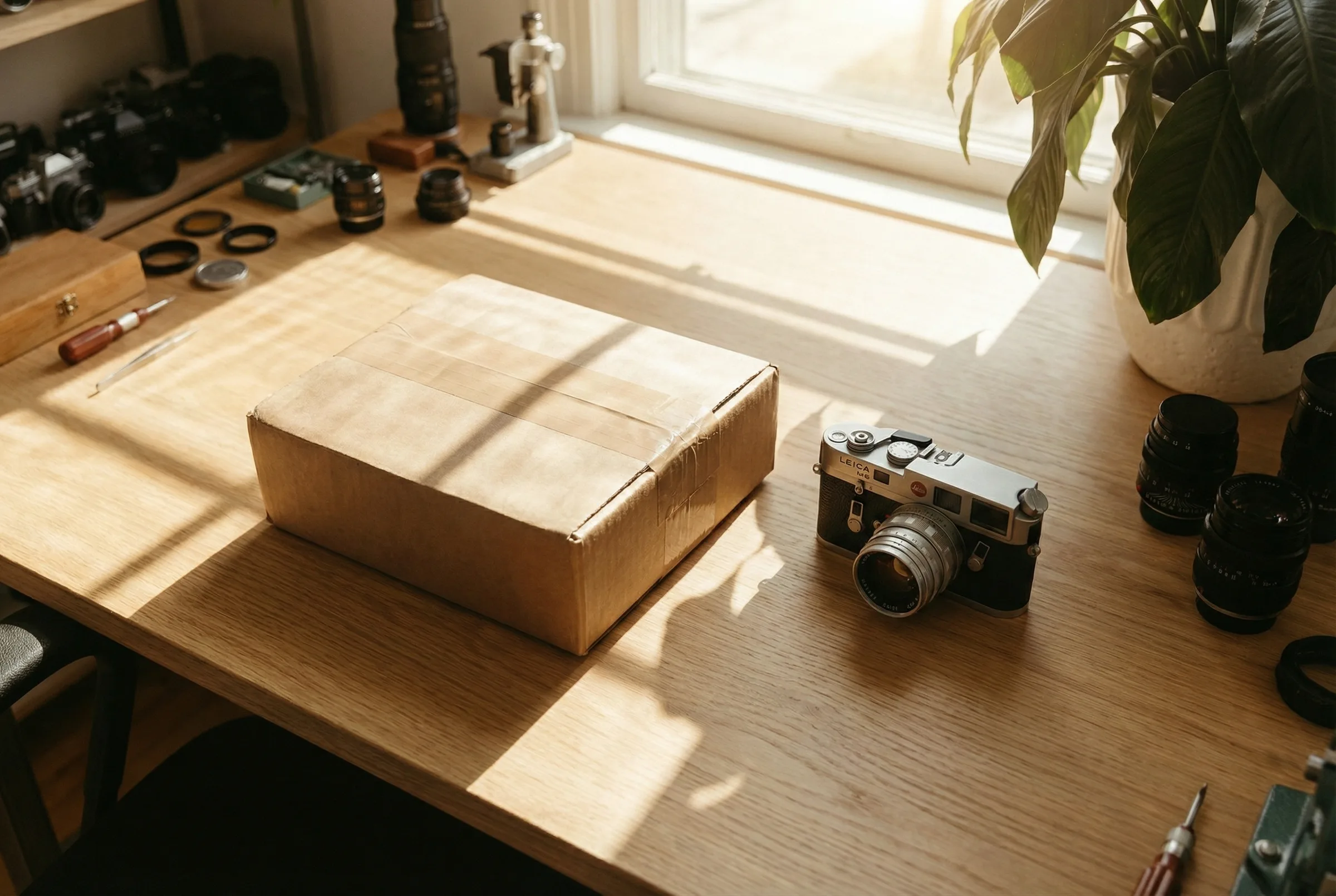 A packed camera parcel and a Leica M6 on the studio desk